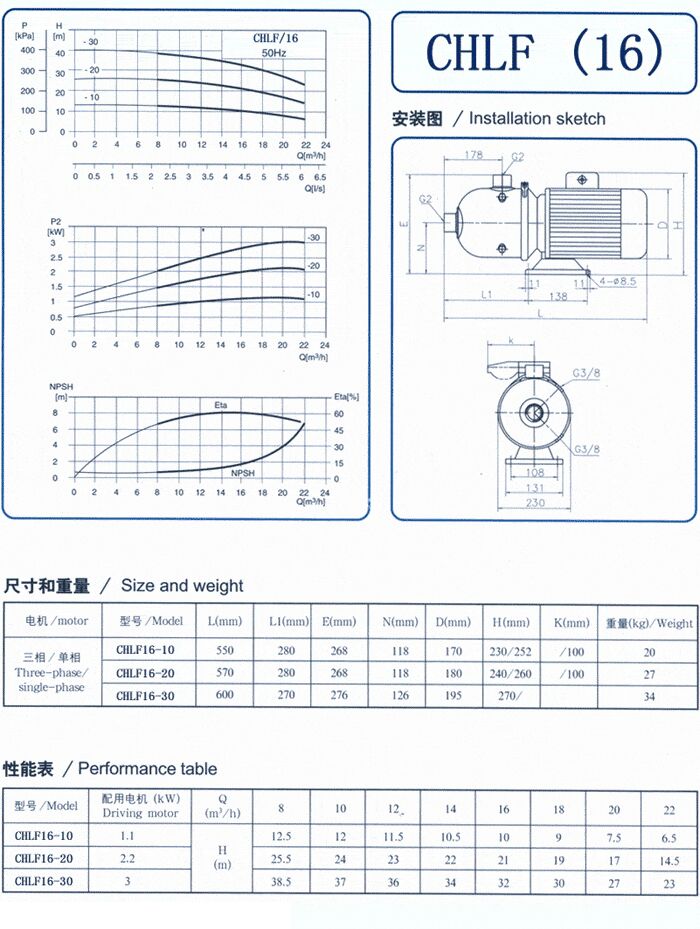 CHLF輕型立式不銹鋼多級(jí)離心泵安裝圖、尺寸、性能
