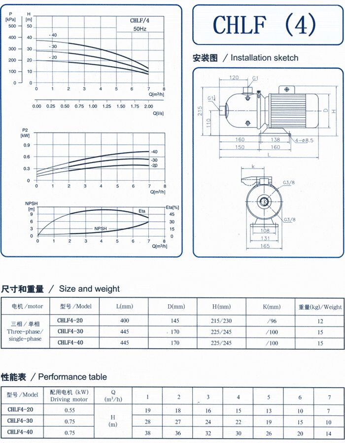 CHLF輕型立式不銹鋼多級(jí)離心泵安裝圖、尺寸、性能