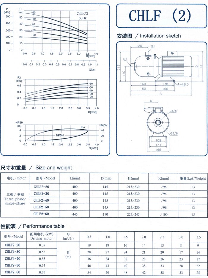 CHLF輕型立式不銹鋼多級(jí)離心泵安裝圖、尺寸、性能